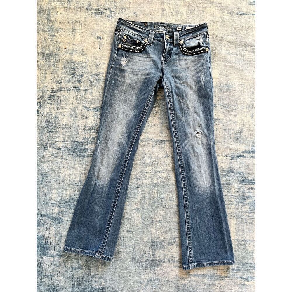 Miss Me Easy Boot Distressed Rhinestone Studded Embellished Jeans 26"